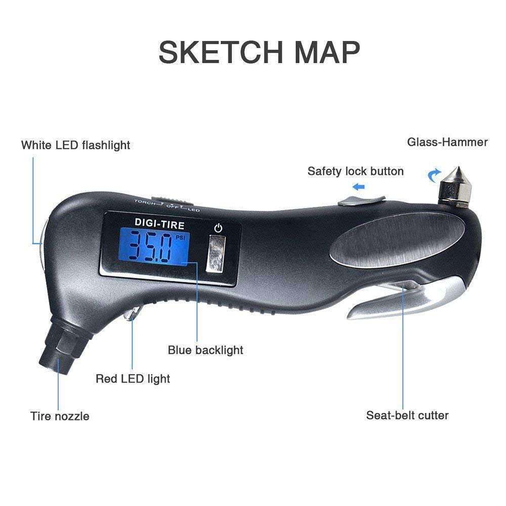 5-in-1 Digital Tire Pressure Gauge with Emergency Rescue Tool Kit