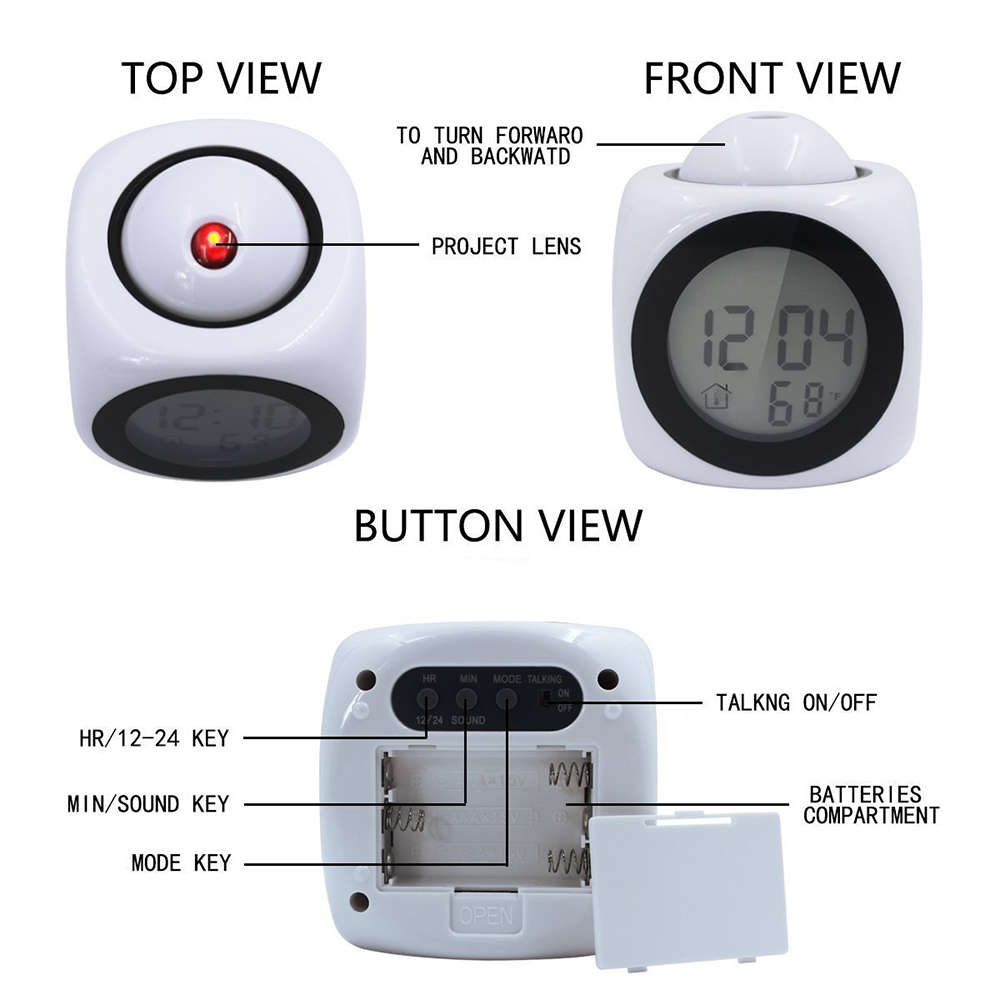 Multi-Function LED Talking Projection Clock - White