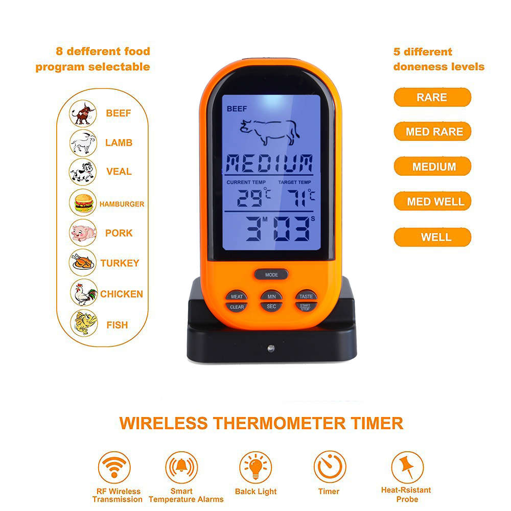 Wireless Remote Digital Cooking Thermometer with Timer - Orange