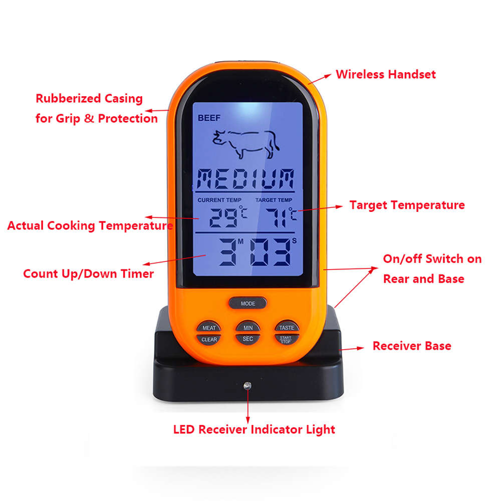 Wireless Remote Digital Cooking Thermometer with Timer - Orange