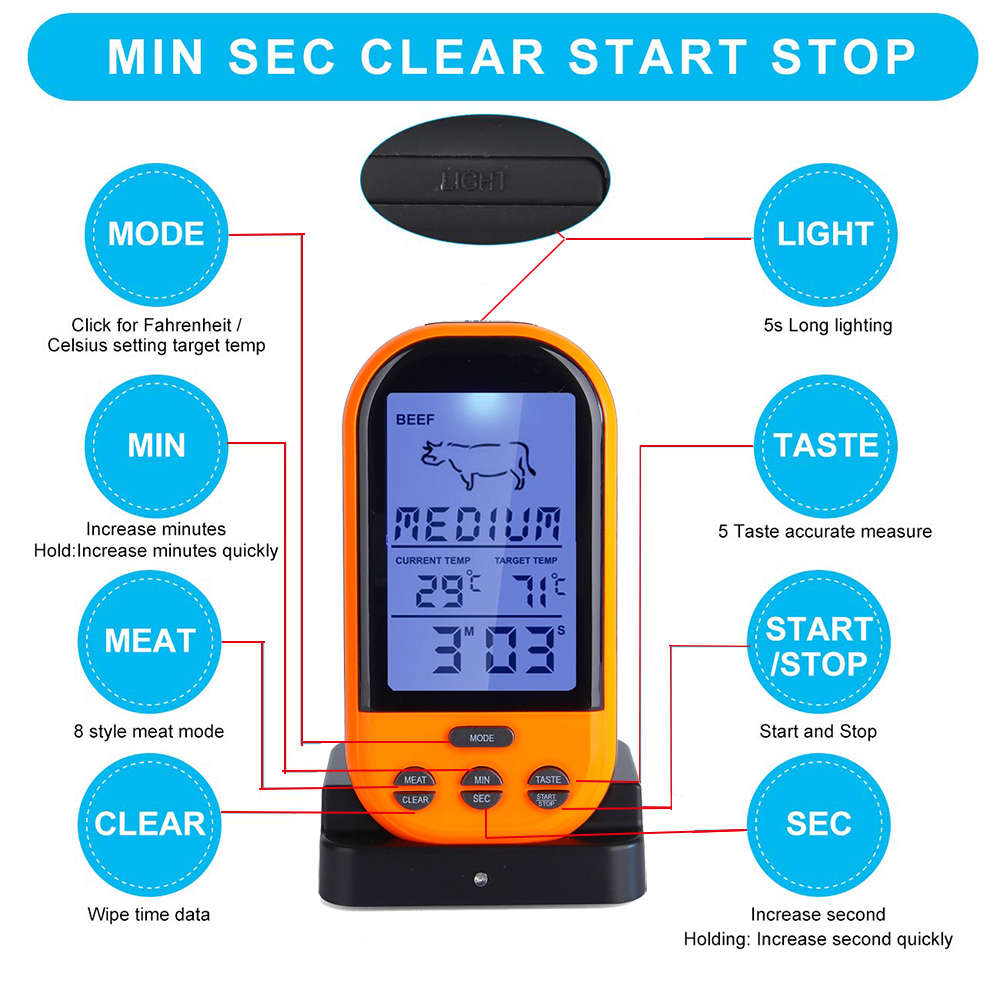 Wireless Remote Digital Cooking Thermometer with Timer - Orange