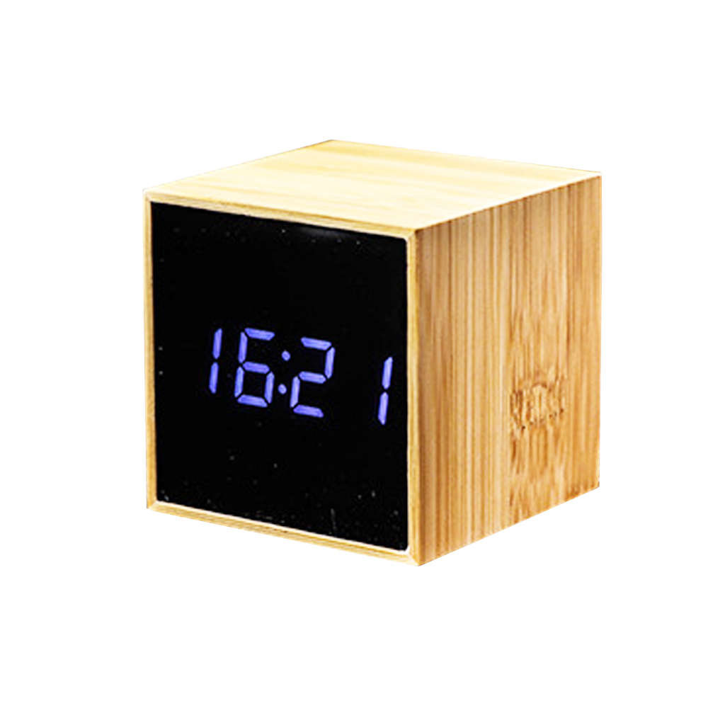 Mini Square Digital LED Wooden Alarm Clock - Blue