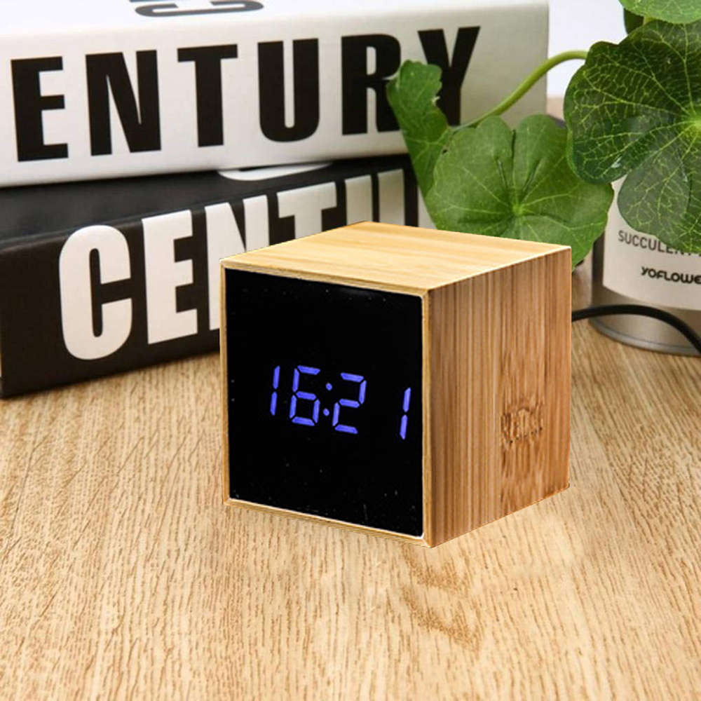 Mini Square Digital LED Wooden Alarm Clock - Blue