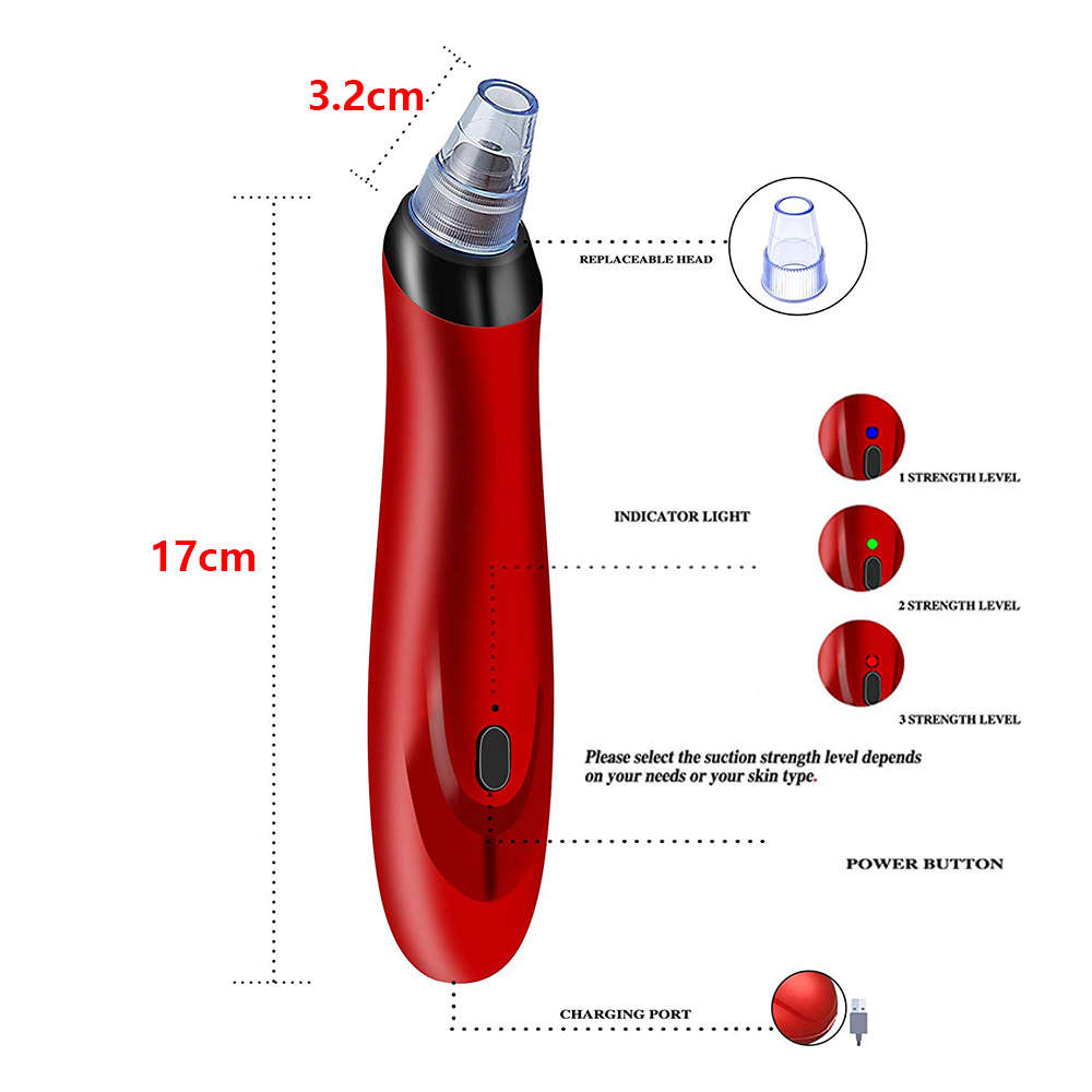 Electric Facial Pore Vacuum Cleaner with 5 Sucker Heads - Red
