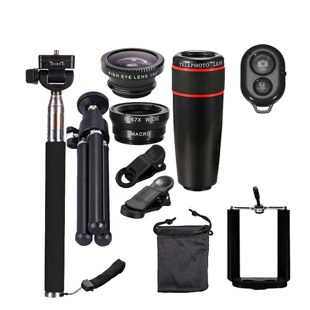 10 in 1 Function Cell Phone Lens Kit with Tripod & Selfie Stick - 12X