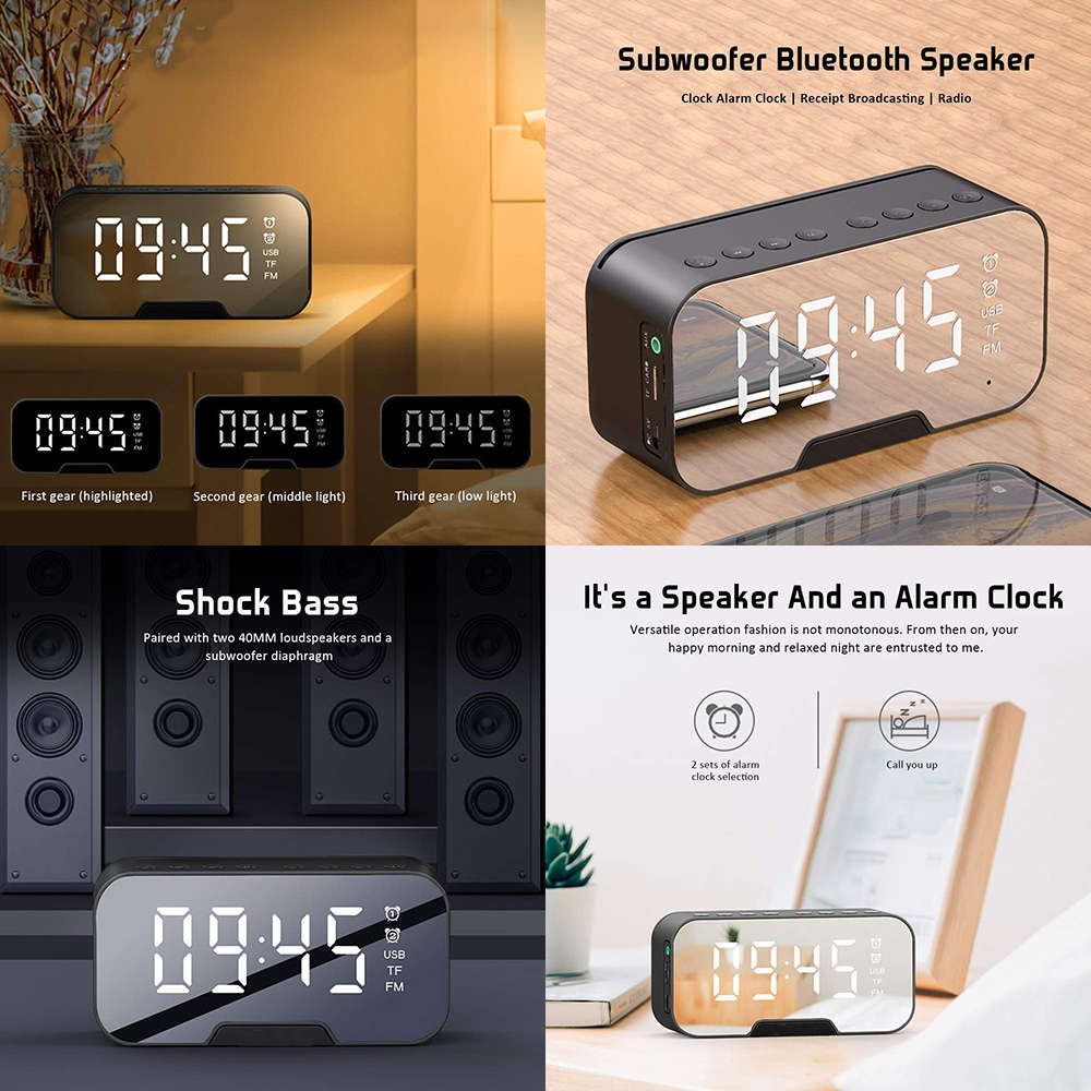 MultiFunction LED Mirror Digital Alarm Clock Bluetooth Speaker FM Radio