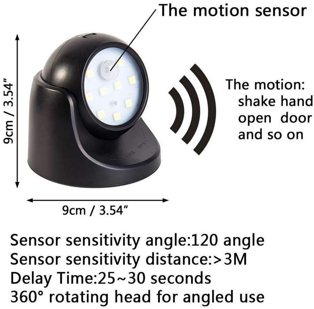 360° Rotation LED Motion Sensor Light - Black