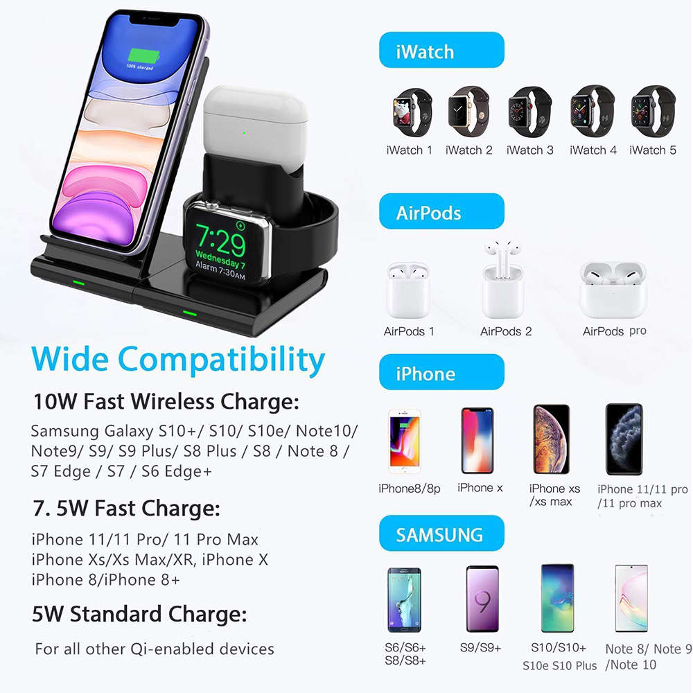 3 in 1 Magnetic Wireless Charger Stand for iWatch/Airpods Pro/iPhone 11