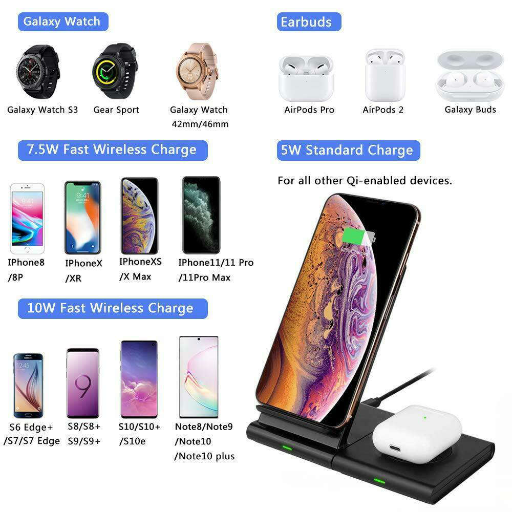 2-in-1 Wireless Charging Station Dock for iPhone 11 Pro/Airpods-Black