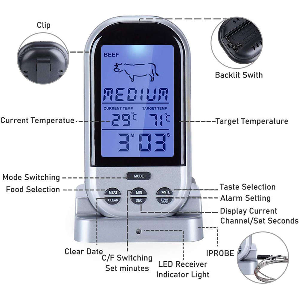 Digital Wireless LCD Remote Thermometer For BBQ Grill-Silver