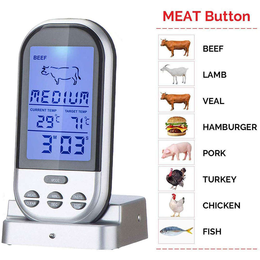 Digital Wireless LCD Remote Thermometer For BBQ Grill-Silver