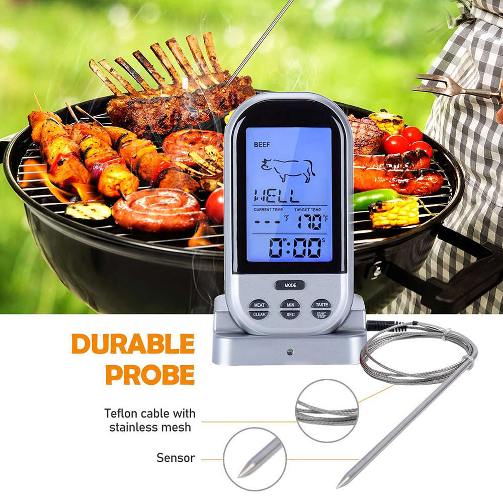 Digital Wireless LCD Remote Thermometer For BBQ Grill-Silver
