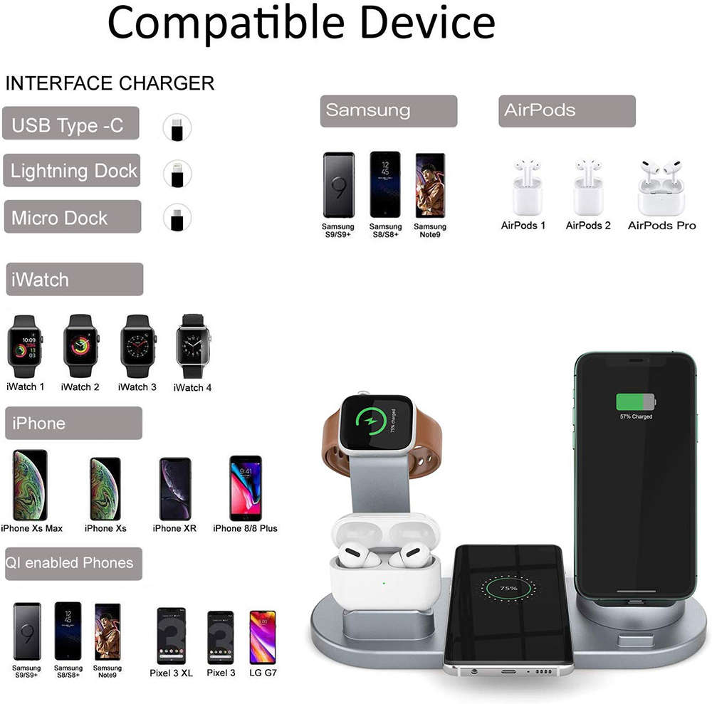 4 in 1 Multi-function Wireless Charging Station - Silver