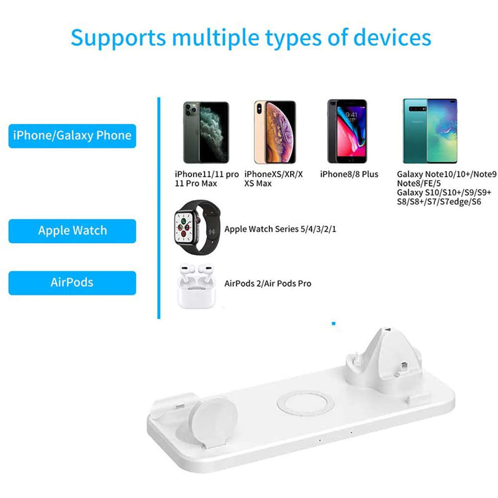 6 in 1 Wireless Charging Dock for iWatch/Airpods Pro/iPhone 11Pro-White