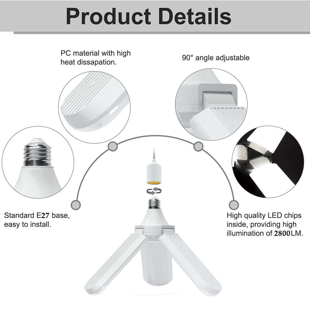 45 Watt 3 Leaves Foldable LED Indoor Garage Light for Home Roof Workshop