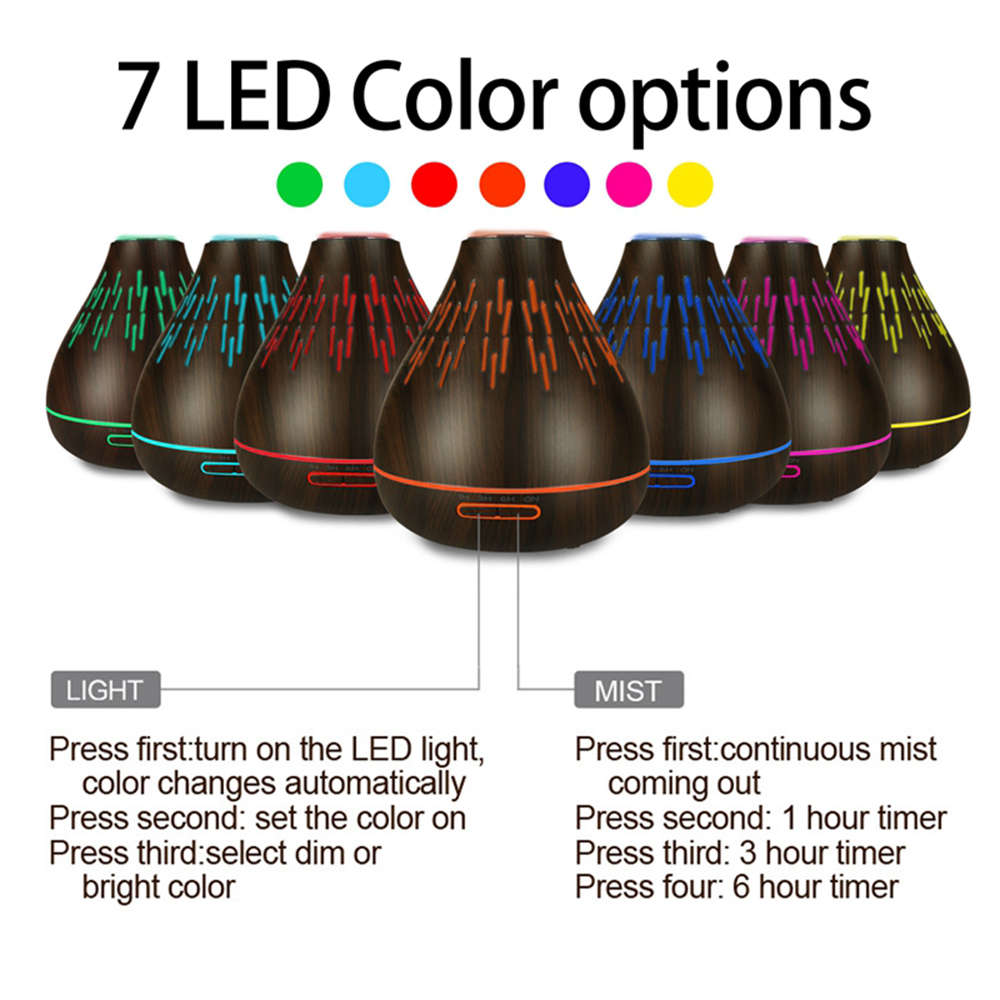 400ml Essential Oil Aroma Diffuser With 7 Colorful Light - Dark Wood Grain