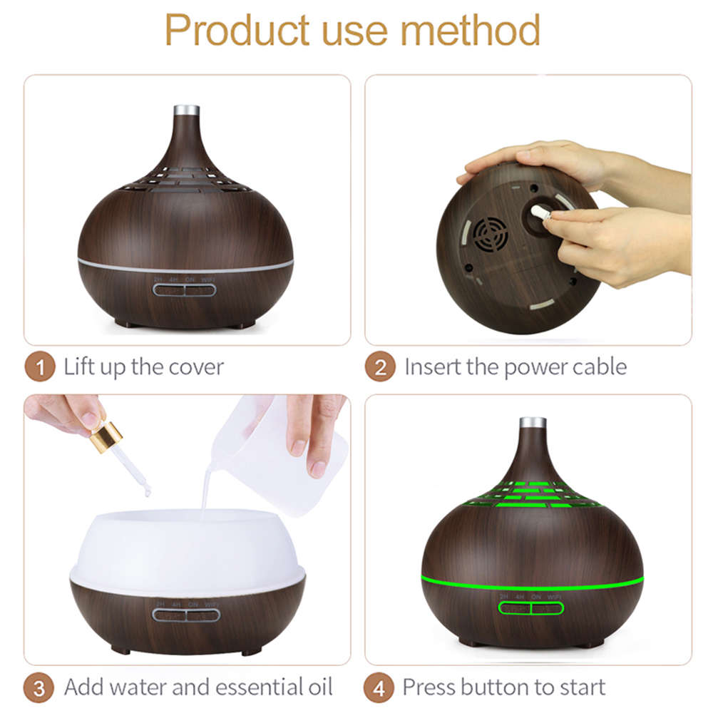 400ML Essential Oil Diffuser With 7 Color Light & Remote Control-Dark Wood