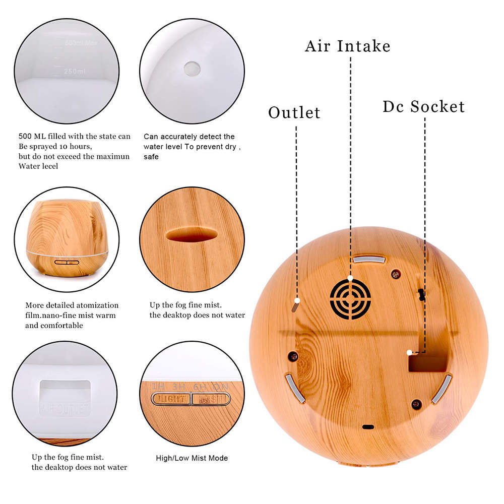 550ml Essential Oil Aroma Diffuser With 7 Color Light - Light Wood Grain