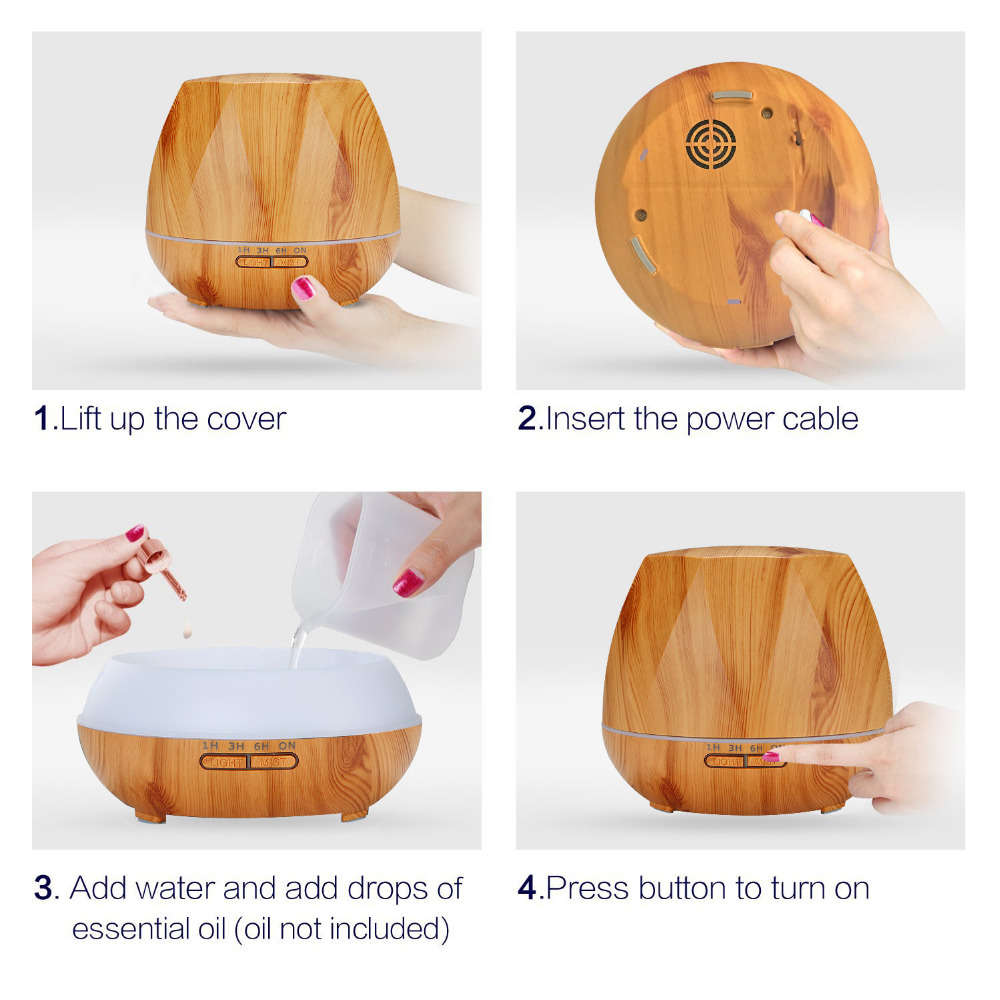 550ml Essential Oil Aroma Diffuser With 7 Color Light - Light Wood Grain