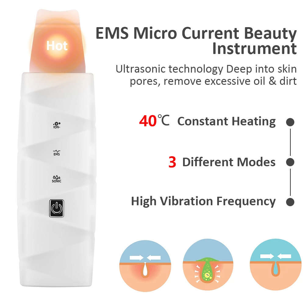 40°C Heat Electric Facial Ultrasonic Skin Scrubber Peeling Shovel
