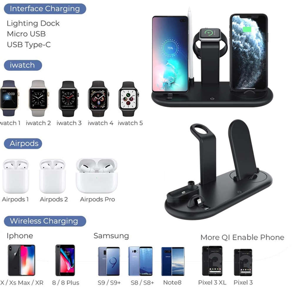 Mutifunction 7 in 1 Rotatable Wireless Charger Stand with Nightlamp Black