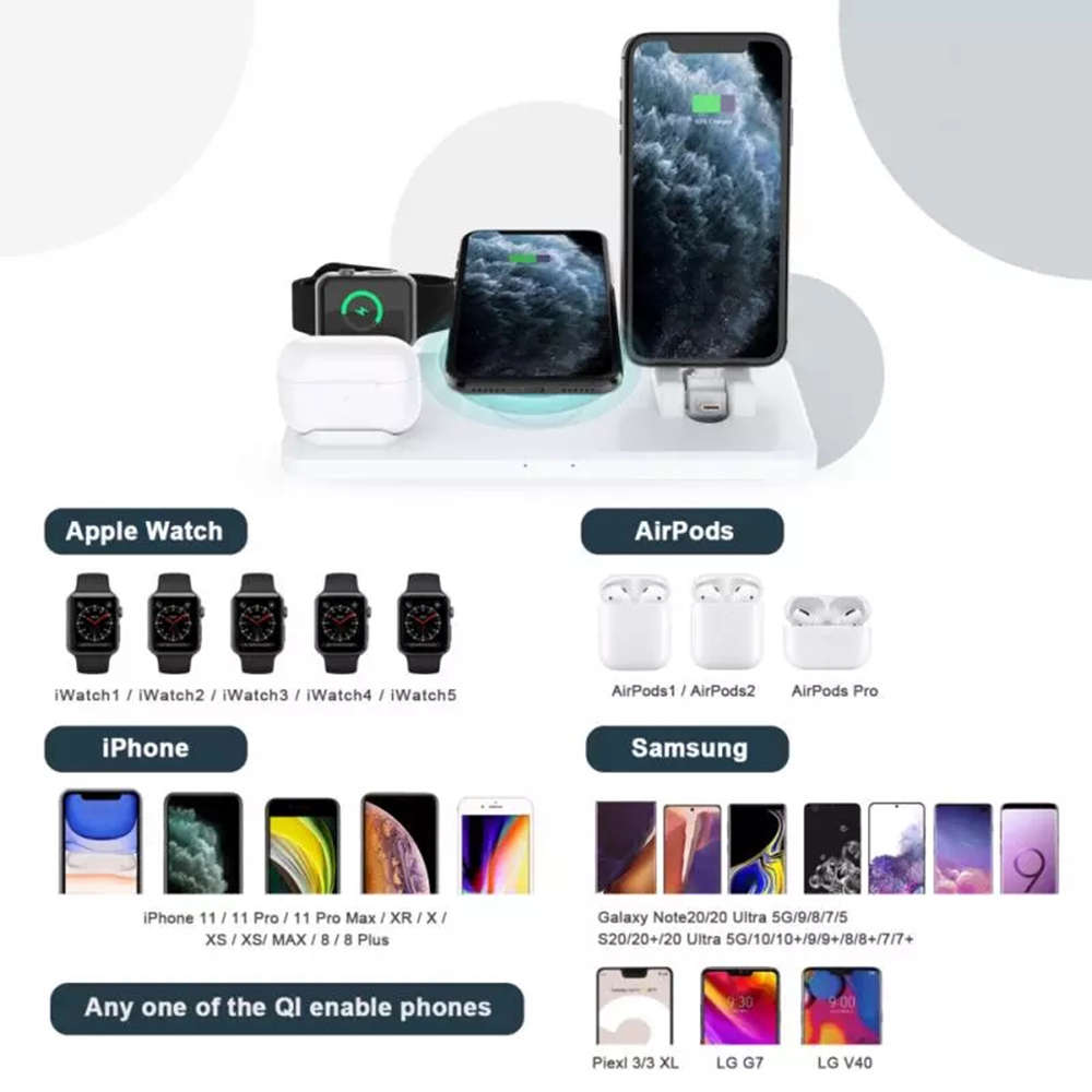 6 In 1 Fast Wireless Charger Dock For iPhone 12 iWatch AirPods Pro - White