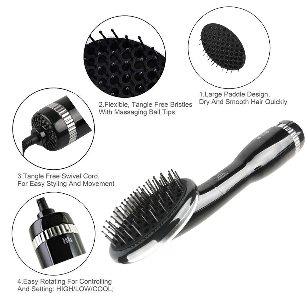 Portable 2 in 1 Grooming Hair Dryer Blower with Slicker Brush - Black
