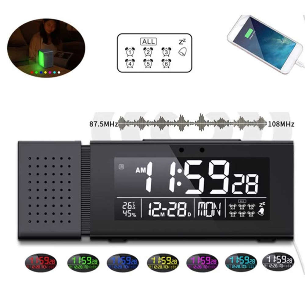 Digital Alarm Clock with 7 Color Night Light Humidity IR Function FM Radio