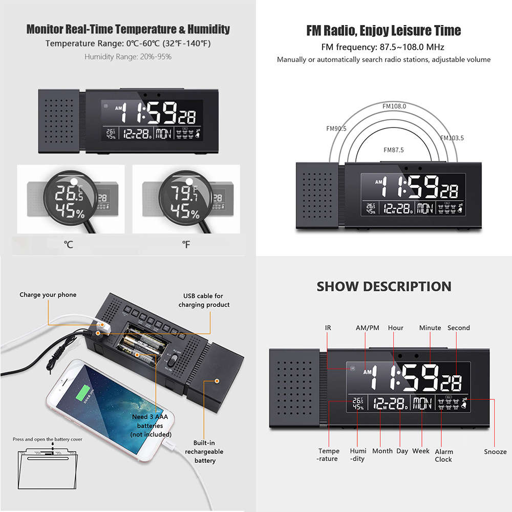 Digital Alarm Clock with 7 Color Night Light Humidity IR Function FM Radio