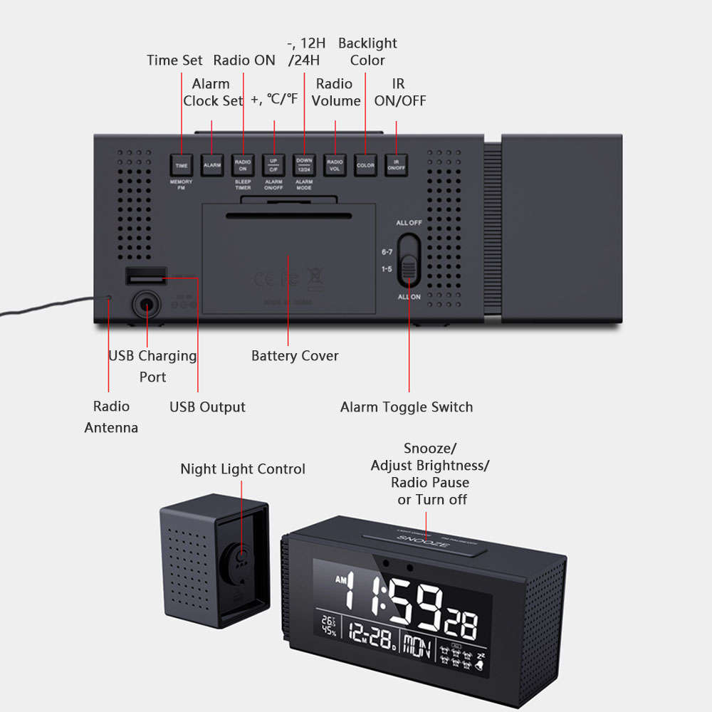 Digital Alarm Clock with 7 Color Night Light Humidity IR Function FM Radio