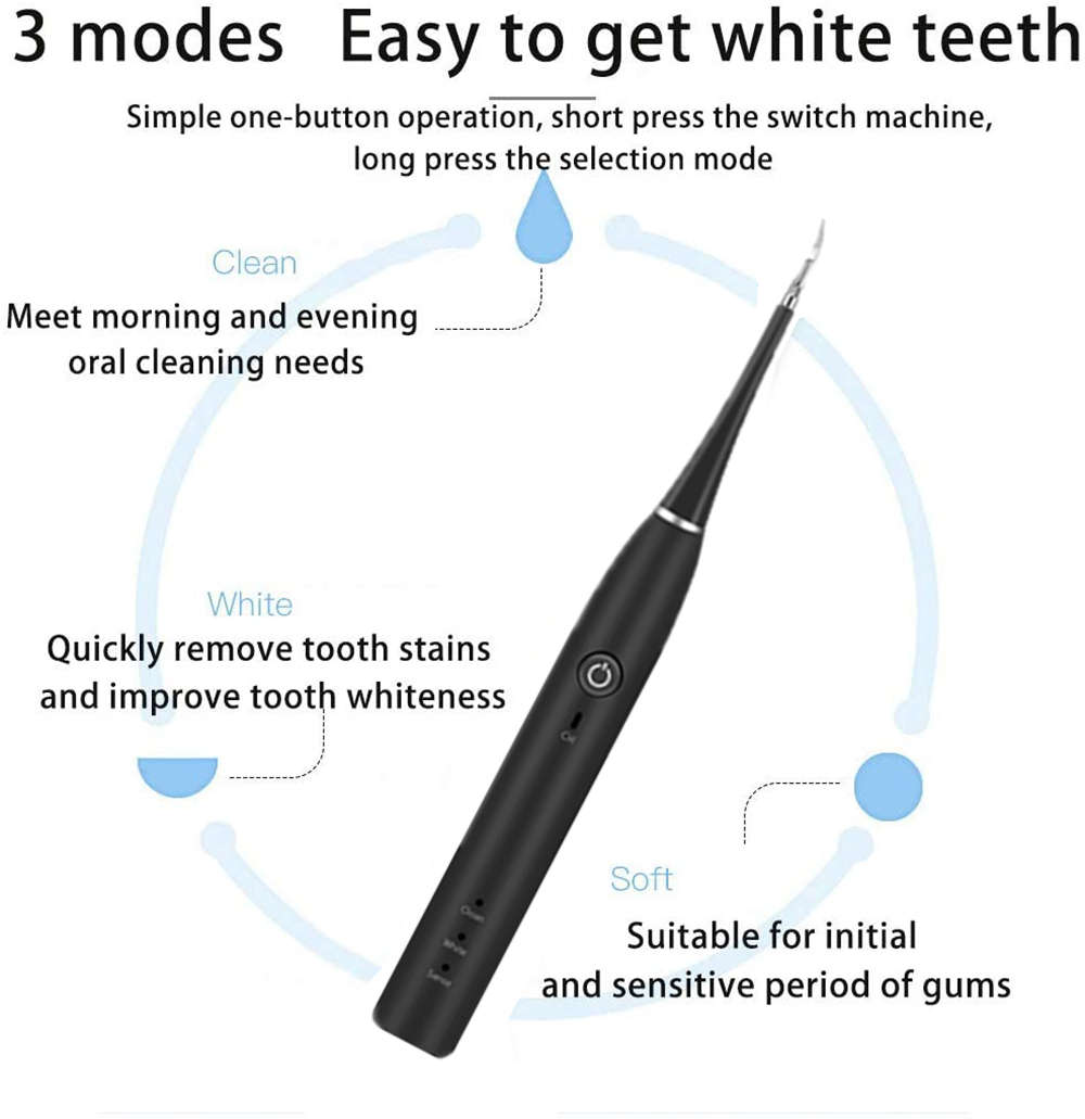 Portable 3-In-1 Waterproof Electric Ultrasonic Teeth Cleaner Kit - Black