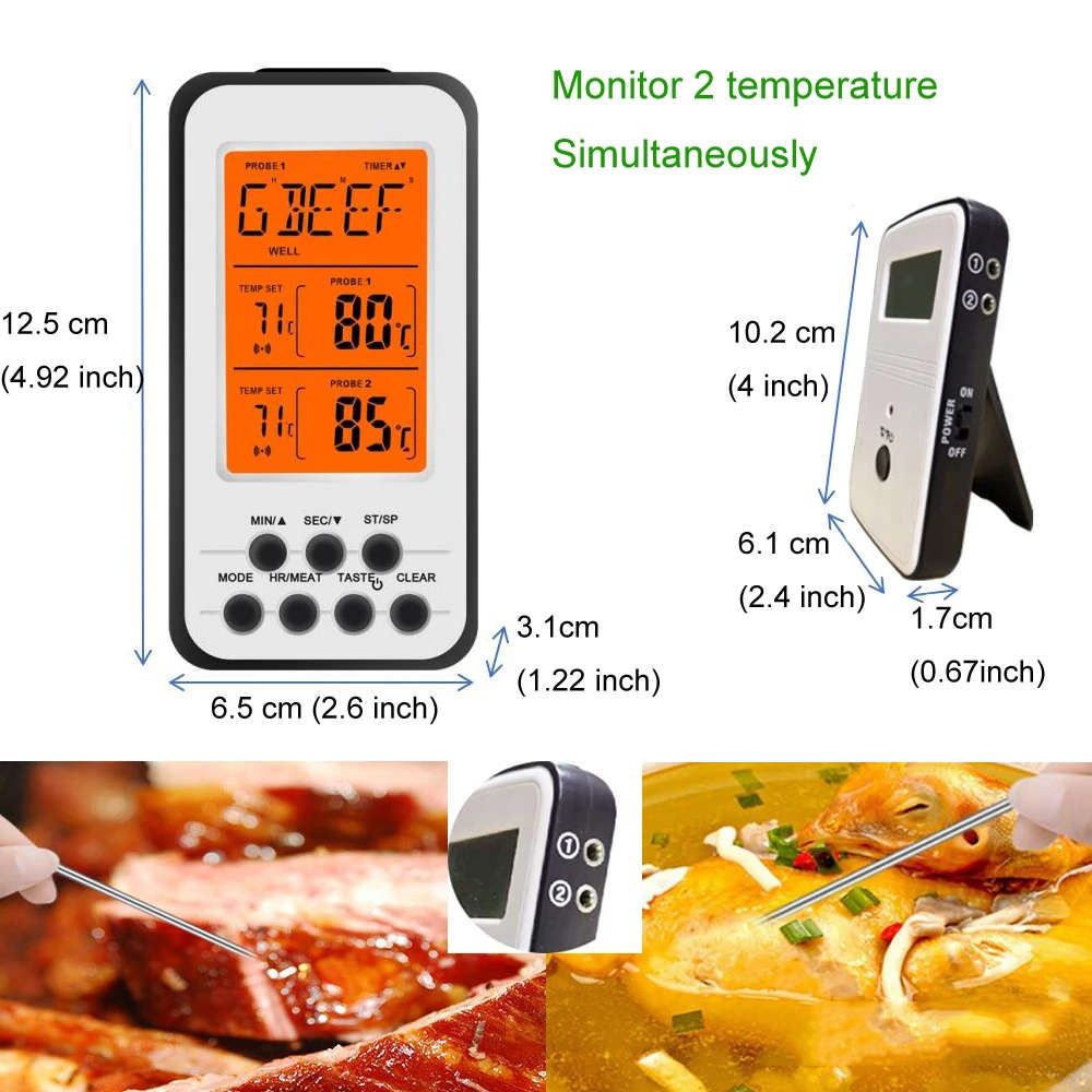 Portable Wireless Digital Food Thermometer with Dual Probe Channel