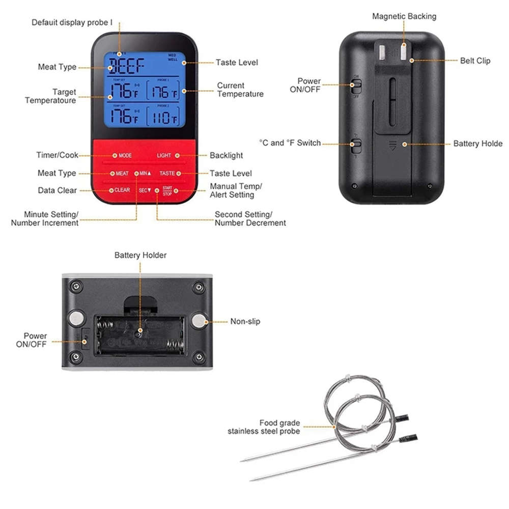 Digital Kitchen Cooking Thermometer with Large LCD & Dual Probe