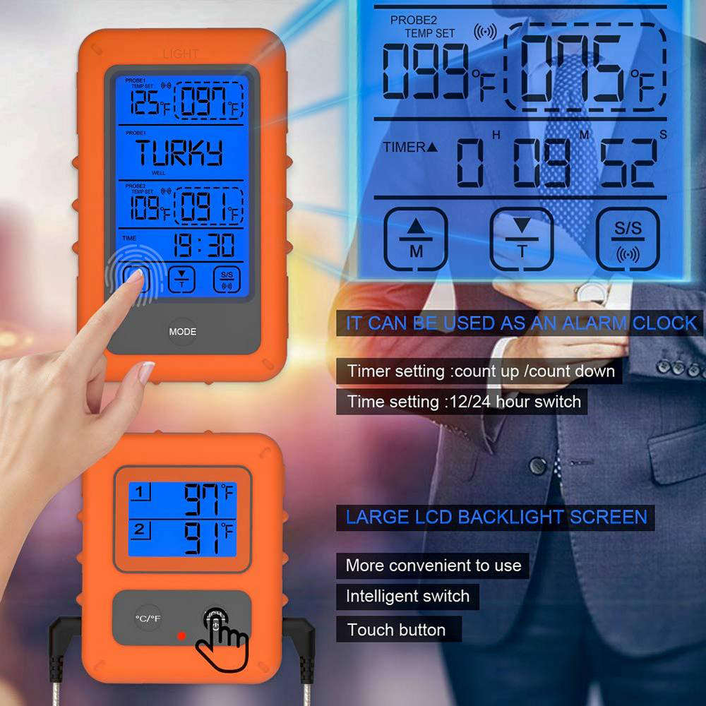 Dual Probe Wireless Digital BBQ Thermometer With Timer & Touch Screen