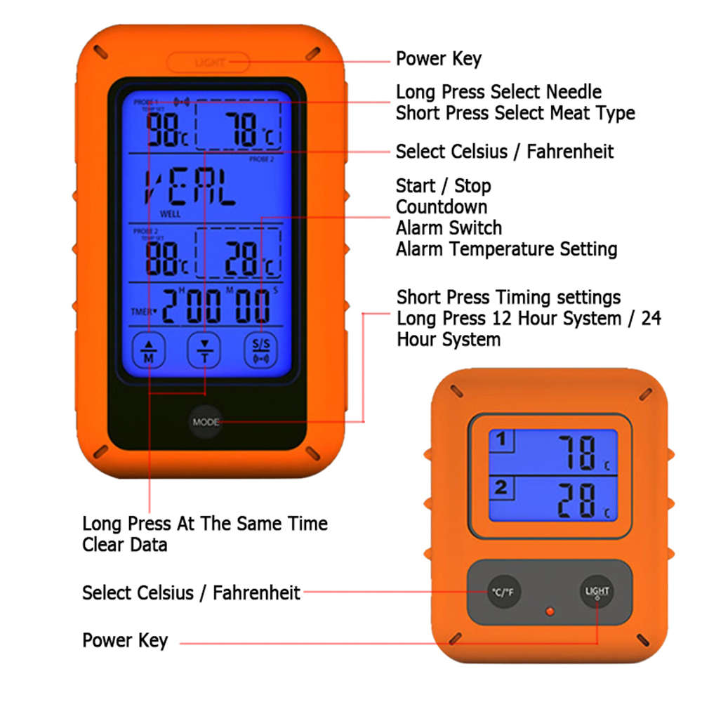 Dual Probe Wireless Digital BBQ Thermometer With Timer & Touch Screen