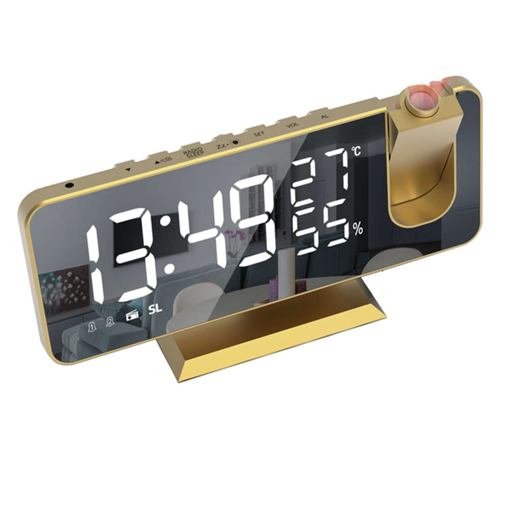 180° LED Projection Clock with FM Radio Dual Alarms T & H Display Gold
