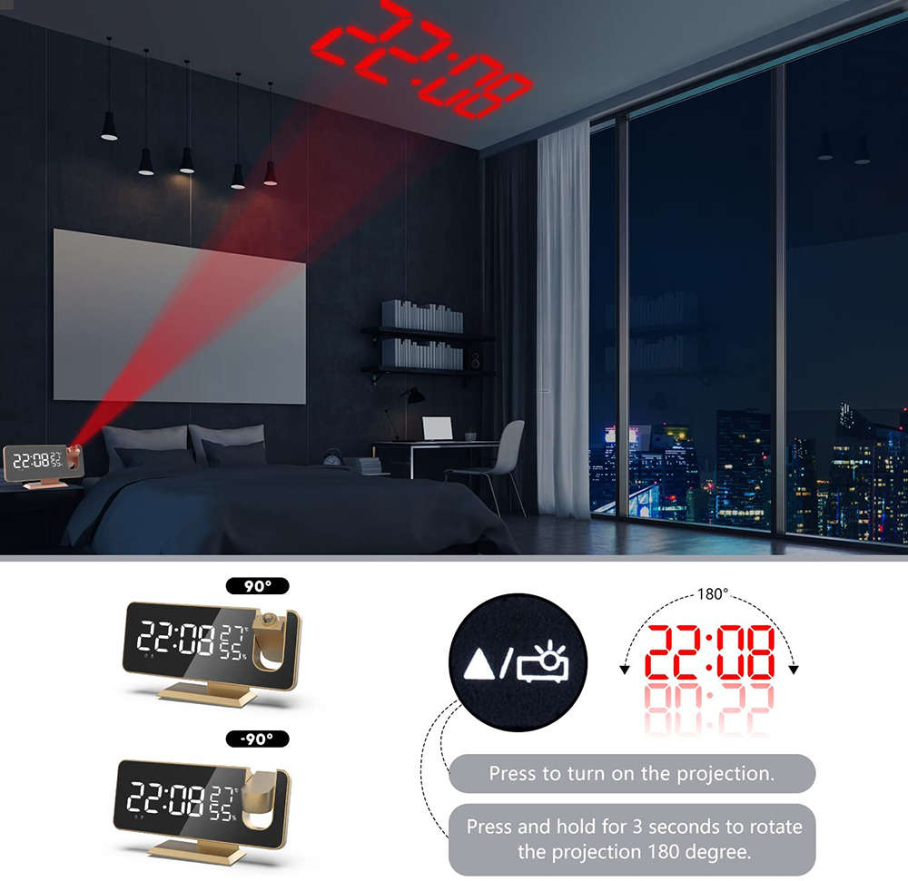 180° LED Projection Clock with FM Radio Dual Alarms T & H Display Gold