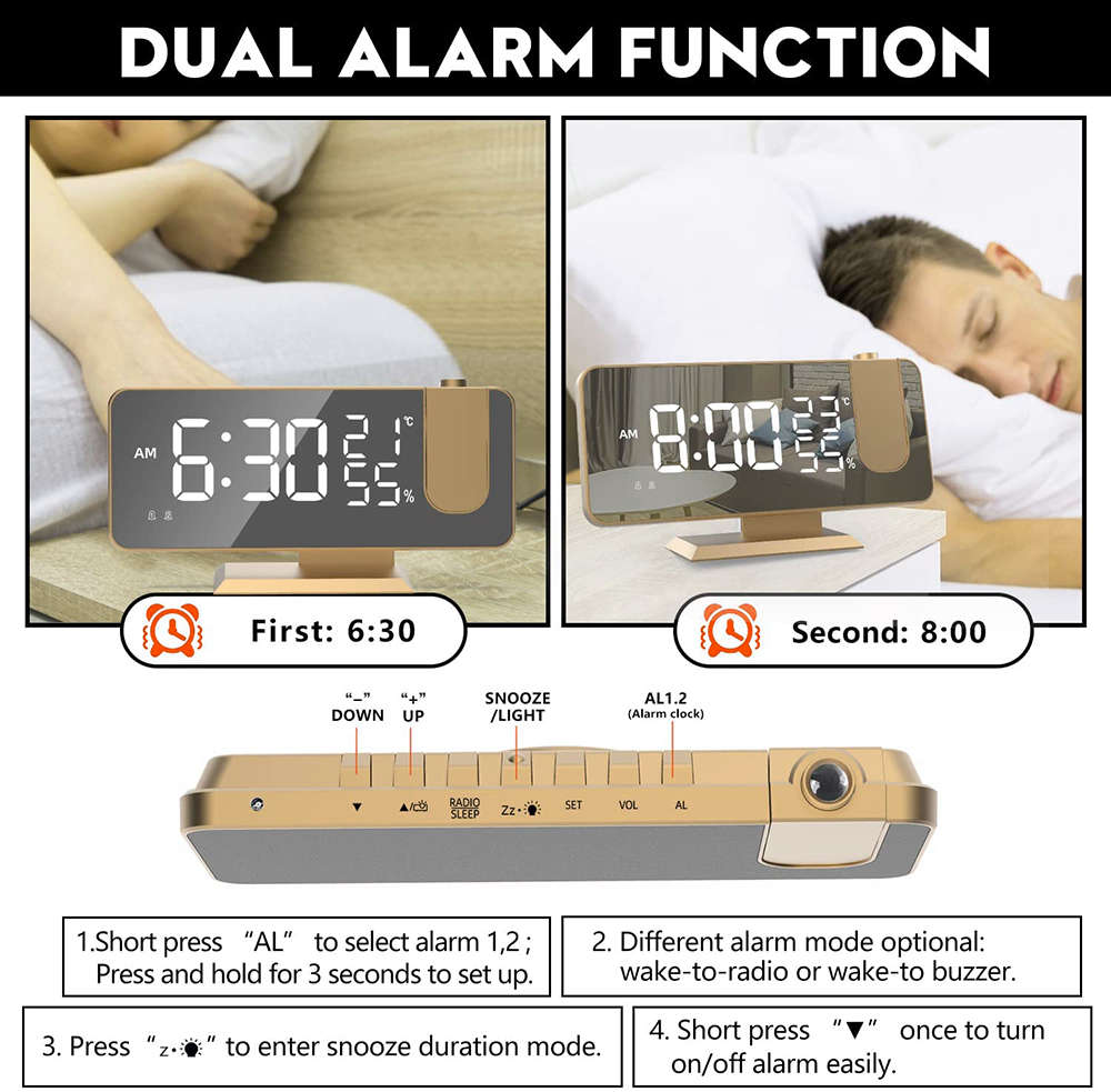 180° LED Projection Clock with FM Radio Dual Alarms T & H Display Gold