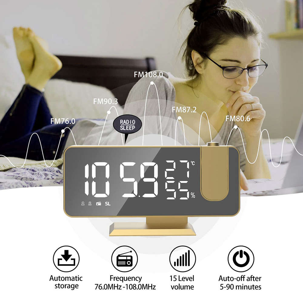 180° LED Projection Clock with FM Radio Dual Alarms T & H Display Gold
