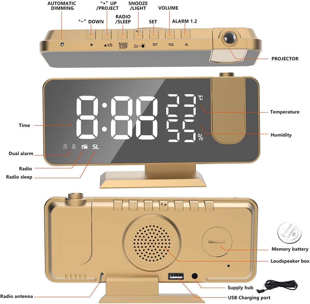 180° LED Projection Clock with FM Radio Dual Alarms T & H Display Gold