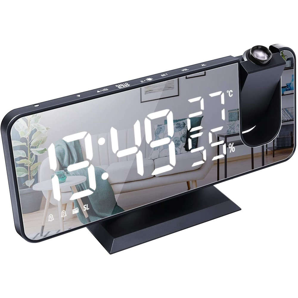 180° LED Projection Clock with FM Radio Dual Alarms T & H Display Black