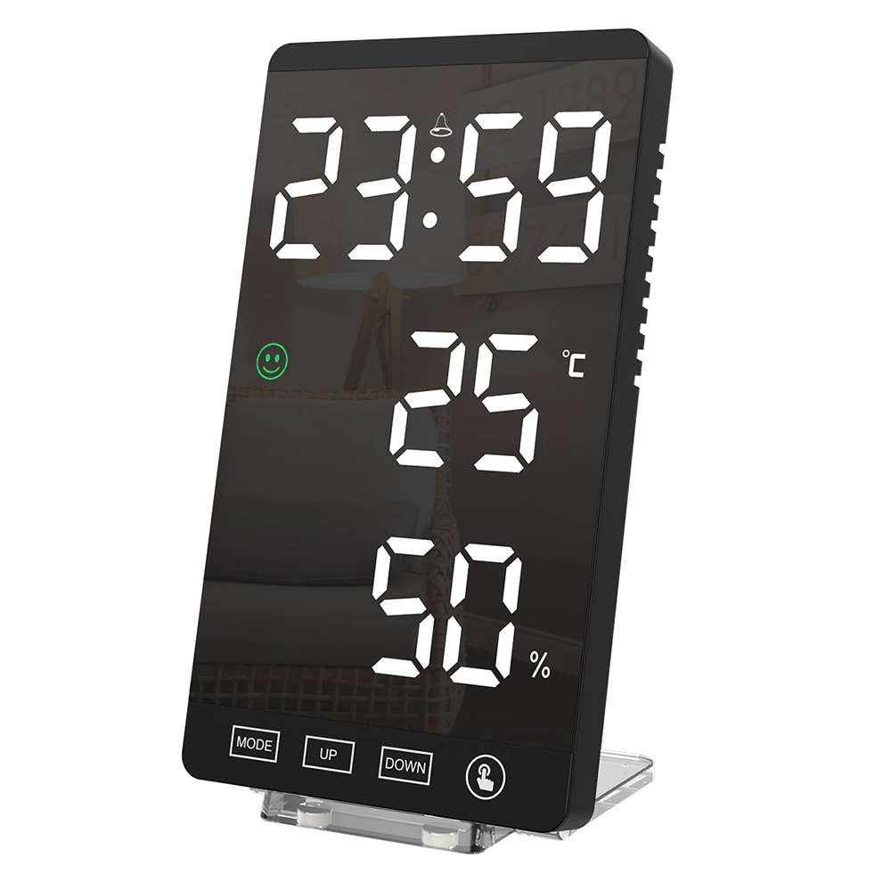Mirror LED Clock with Alarm Snooze T & H Display (Black Shell - White Font)