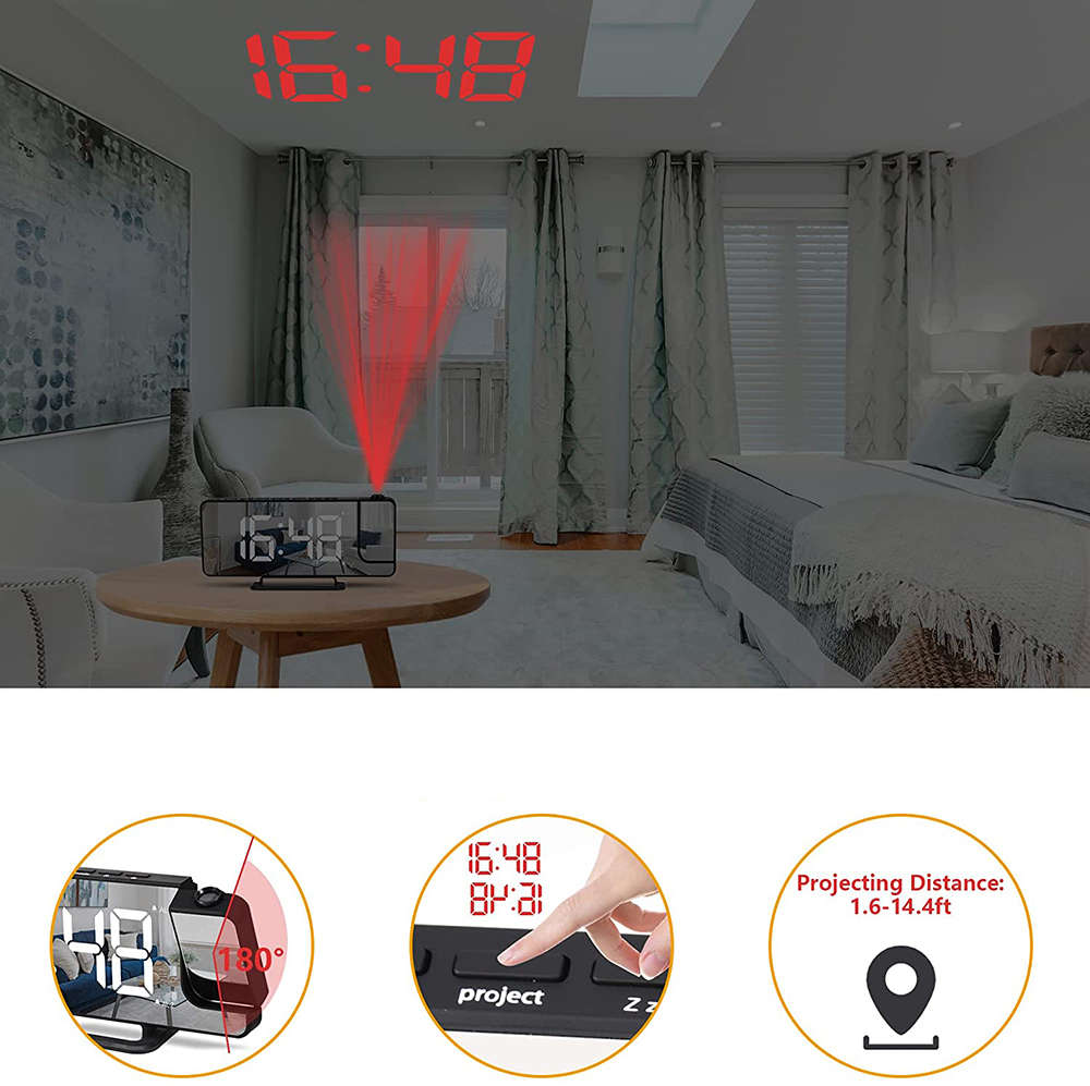 180° Mirror LED Projection Clock with Dual Alarms Snooze T & H Display