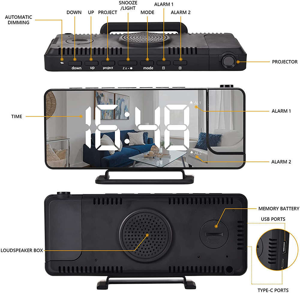 180° Mirror LED Projection Clock with Dual Alarms Snooze T & H Display