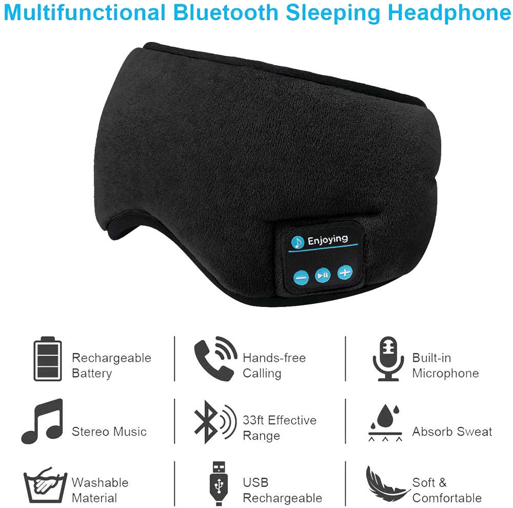 Soft Adjustable Cotton Sleep Music Eyemask with Bluetooth Headphone - Black
