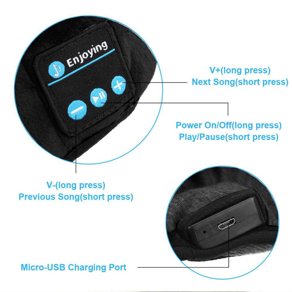 Soft Adjustable Cotton Sleep Music Eyemask with Bluetooth Headphone - Black