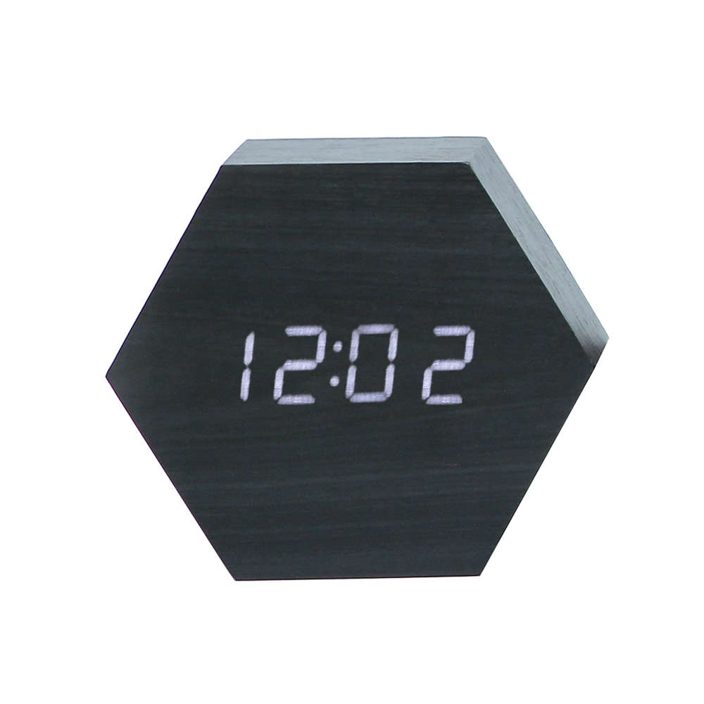Portable Hexagon Wooden Shape Digital Desk Alarm Clock