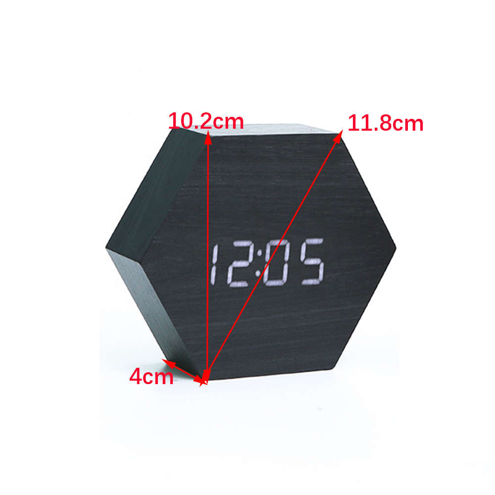 Portable Hexagon Wooden Shape Digital Desk Alarm Clock