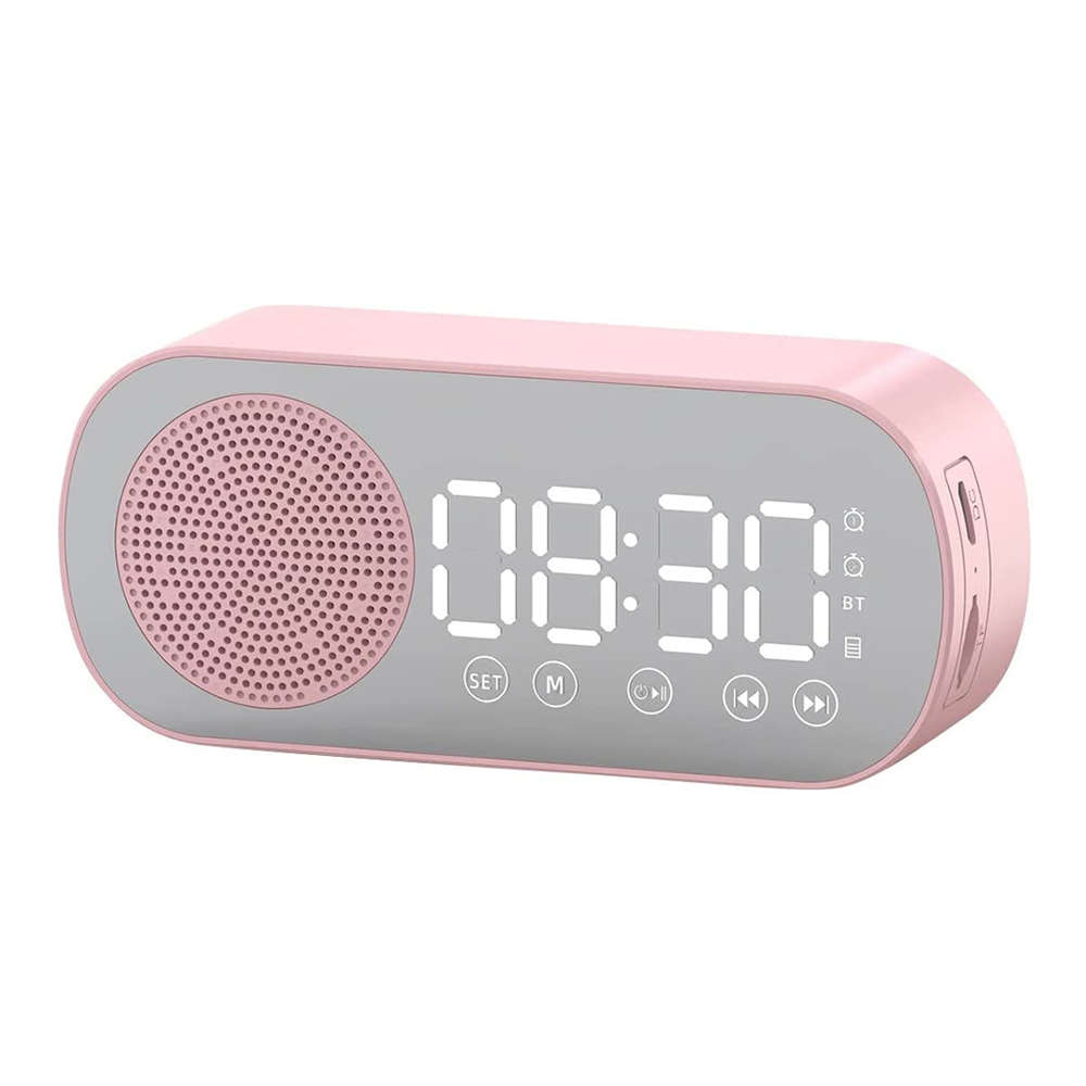 LCD Mirror Dual Alarm Clock With TF Card Bluetooth Speaker FM Radio - Pink