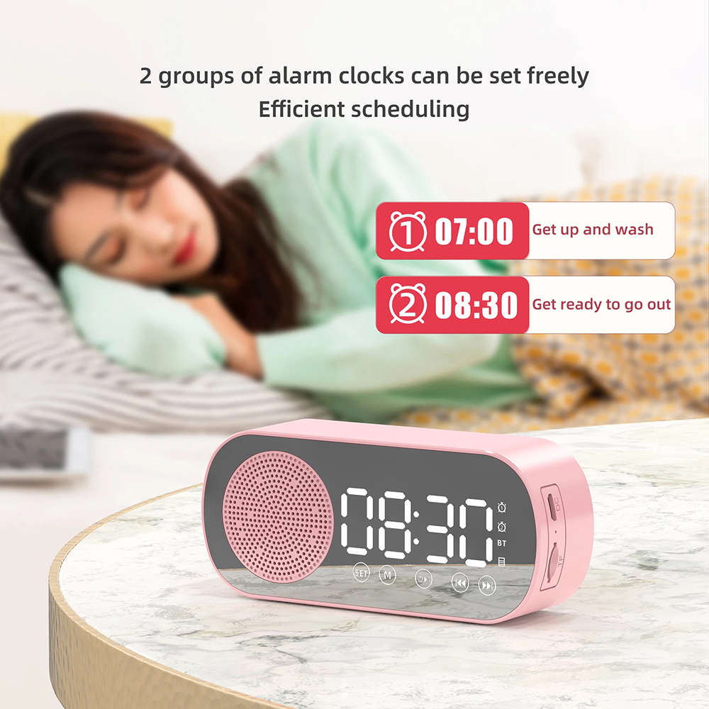 LCD Mirror Dual Alarm Clock With TF Card Bluetooth Speaker FM Radio - Pink